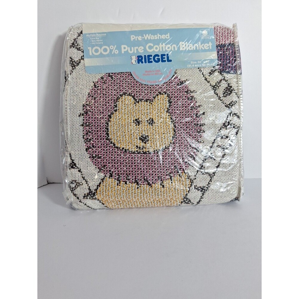 Vintage Riegel Jacquard Weave Baby Blanket Cotton 36×48 Zoo Animals Made In USA